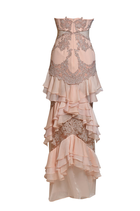 DEEP V-NECK AND BACK DECOLETTE DRESS WITH PEPLUM DETAIL UNDER SLIT - Barrus London